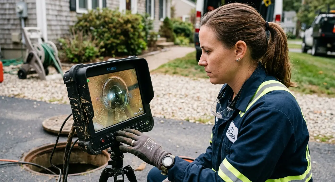 Technician reviewing sewer camera inspection footage in Lansing