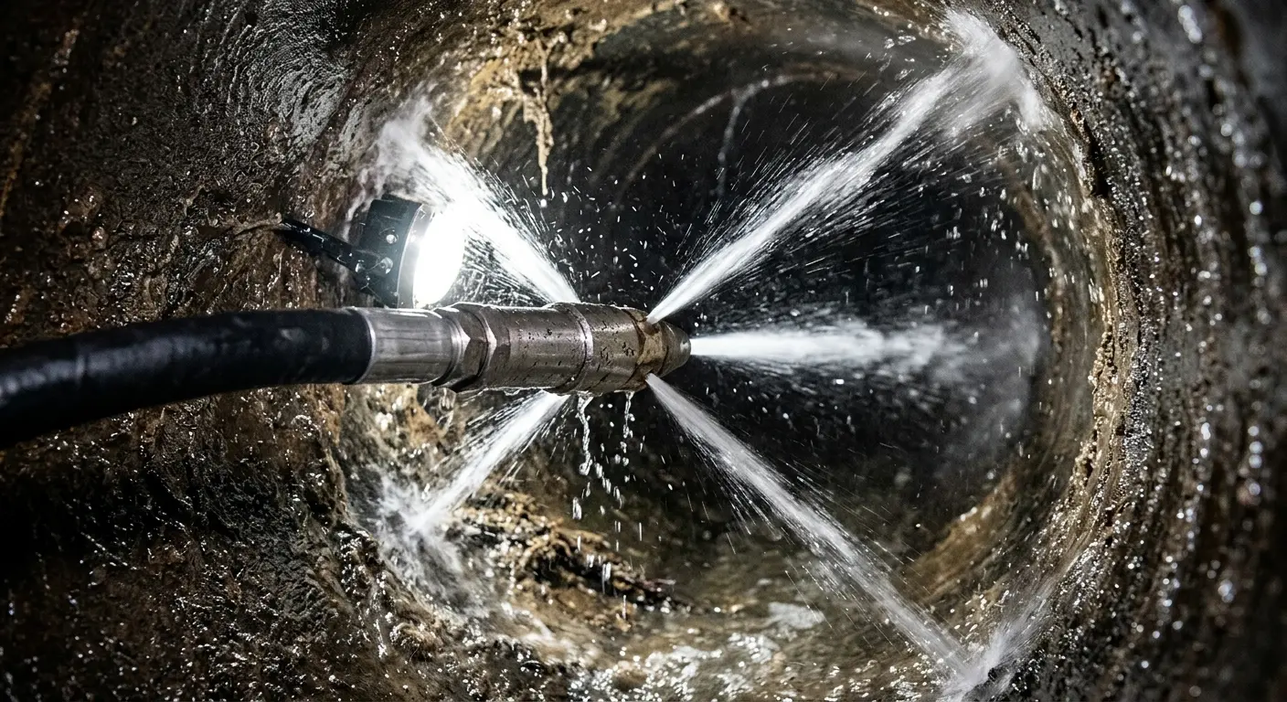 High-pressure hydro jetting nozzle cleaning sewer pipe for Trenchless Sewer Repair in Lansing