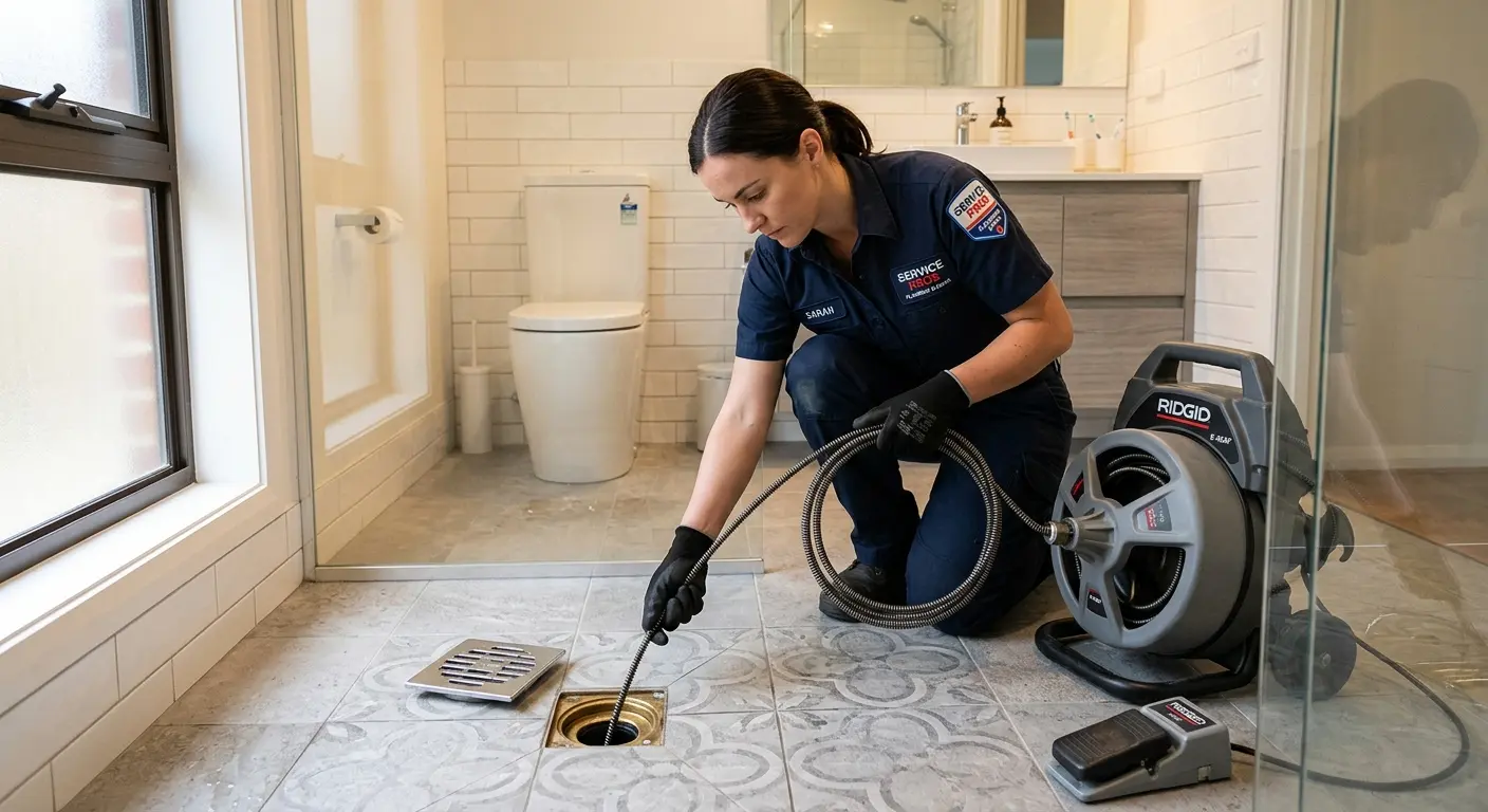 Technician clearing a bathroom floor drain for Sewer Line Installation in Lansing